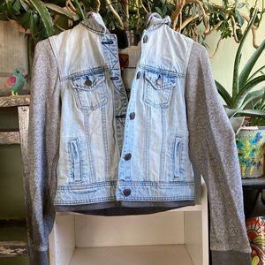 American Eagle Jean Jacket with Hood and Sweater Sleeves